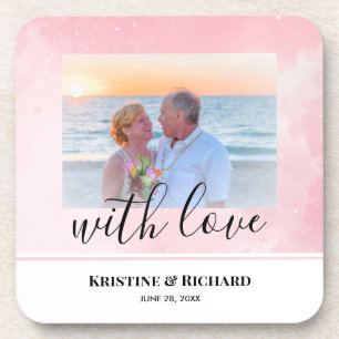 Personalized Wedding Photo With Sparkly Baby Pink Coaster