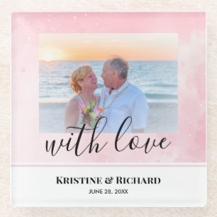 Personalized Wedding Photo With Sparkly Baby Pink  Glass Coaster