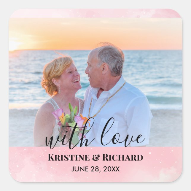 Personalized Wedding Photo With Sparkly Baby Pink  Square Sticker (Front)