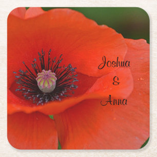 Personalized Wedding Poppy Square Paper Coaster