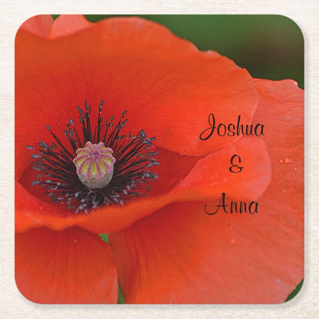 Personalized Wedding Poppy Square Paper Coaster (Front)