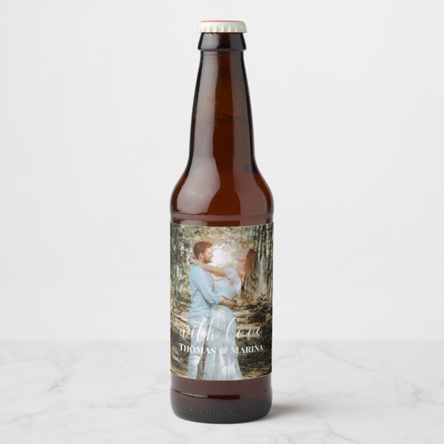 Personalized Wedding Portrait Modern Calligraphy Beer Bottle Label (Front)