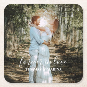 Personalized Wedding Portrait Modern Calligraphy Square Paper Coaster