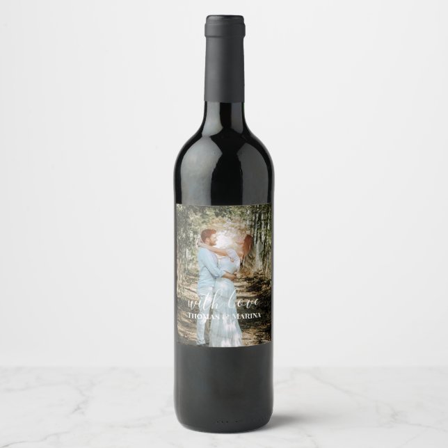 Personalized Wedding Portrait Modern Calligraphy Wine Label (Front)