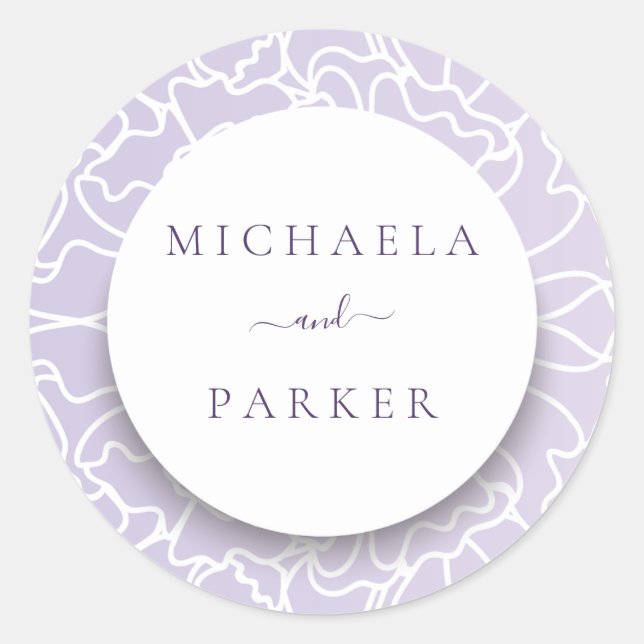 Personalized Wedding Purple Floral Classic Round Sticker (Front)
