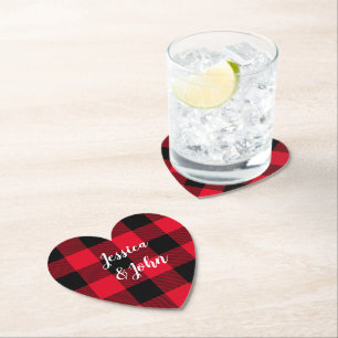 Personalized Wedding Red and Black Buffalo Plaid Paper Coaster