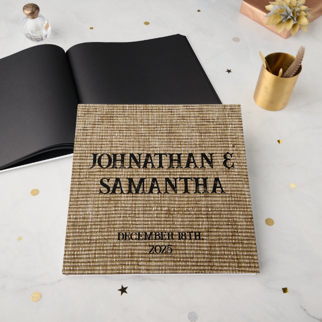 Personalized wedding rustic burlap nature pattern guest book (Front Open)