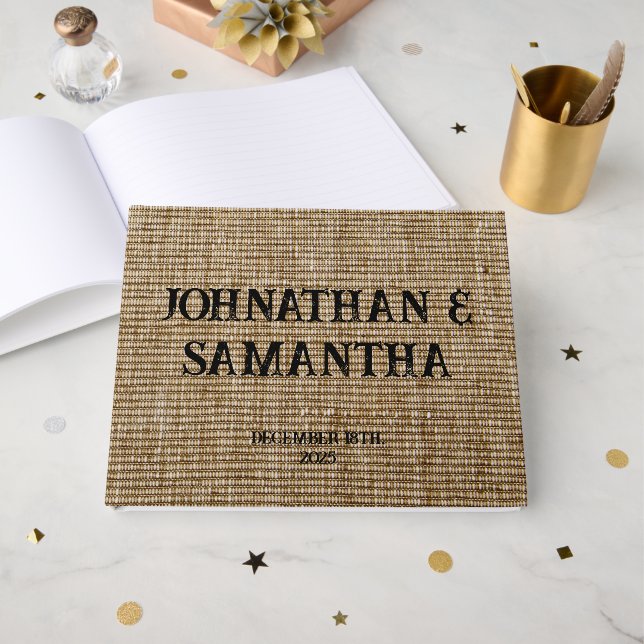 Personalized wedding rustic burlap nature pattern guest book (Front Open)