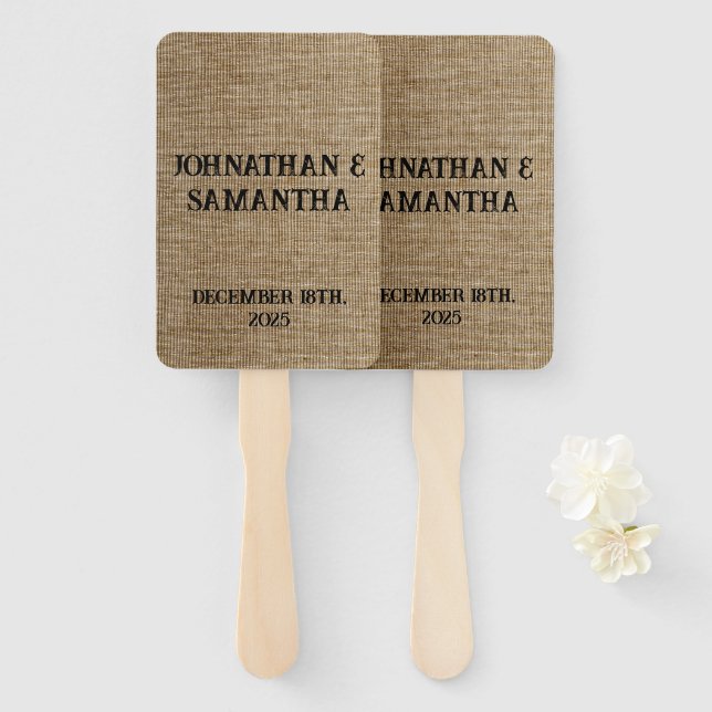Personalized wedding rustic burlap nature pattern hand fan (Front and Back)