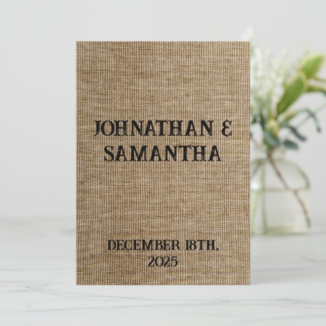 Personalized wedding rustic burlap nature pattern invitation (Standing Front)