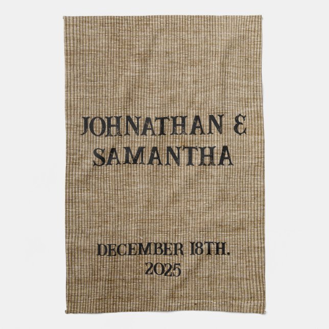 Personalized wedding rustic burlap nature pattern kitchen towel (Vertical)