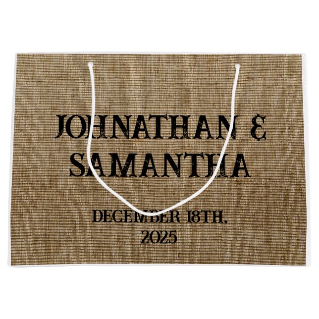 Personalized wedding rustic burlap nature pattern large gift bag (Front)