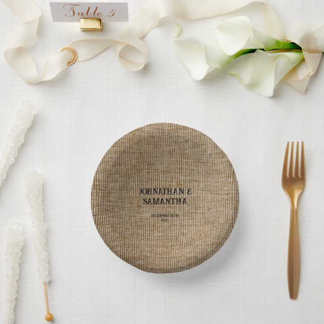 Personalized wedding rustic burlap nature pattern paper plate (Wedding)