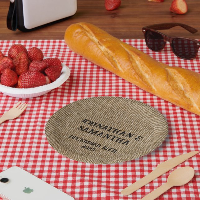 Personalized wedding rustic burlap nature pattern paper plate (Picnic)