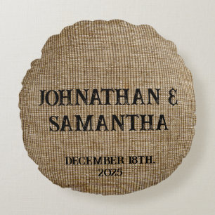 Personalized wedding rustic burlap nature pattern round pillow