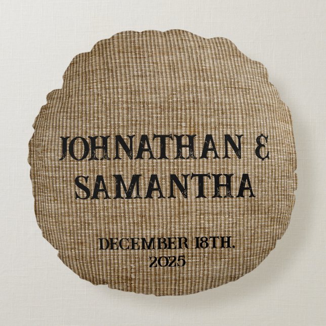 Personalized wedding rustic burlap nature pattern round pillow (Front)