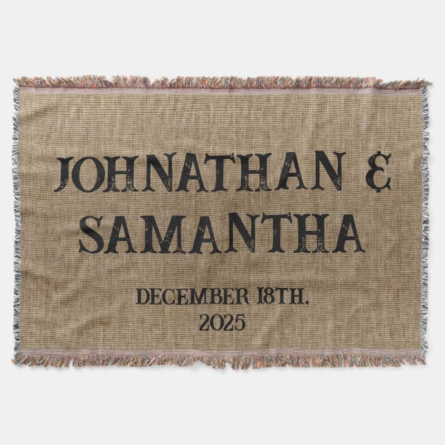Personalized wedding rustic burlap nature pattern throw blanket (Front)