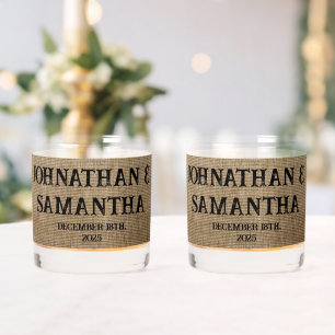 Personalized wedding rustic burlap nature pattern whiskey glass