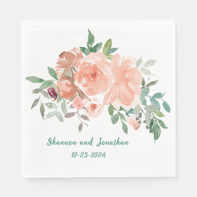 Personalized Wedding Shower Napkins Peach Roses (Front)