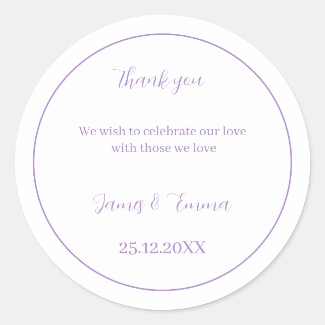 Personalized Wedding Simple Purple Classic Round Sticker (Front)
