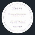 Personalized Wedding Simple Purple Classic Round Sticker<br><div class="desc">Personalized Wedding sticker,  features purple colour,  you can change couple name,  and date,  and your messeage for guest,  please click on the "personalization" link.</div>