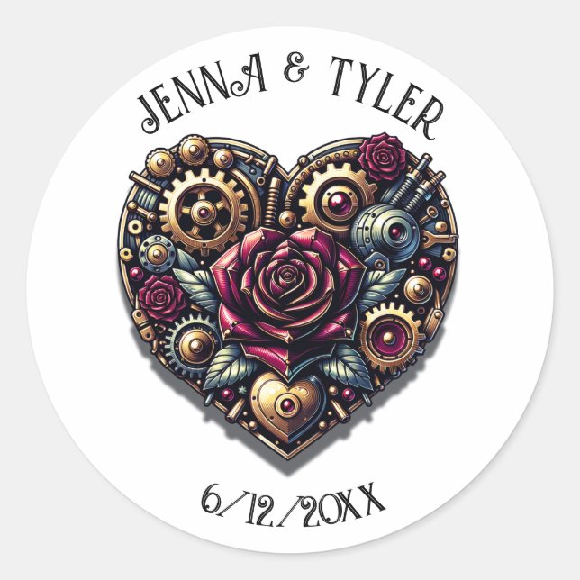 Personalized Wedding Steampunk Heart and Roses  Classic Round Sticker (Front)