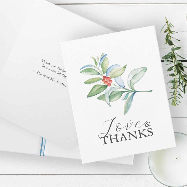 Personalized Wedding Thank You Cards Christmas (Christmas thank you cards features watercolor red and green botanicals.)
