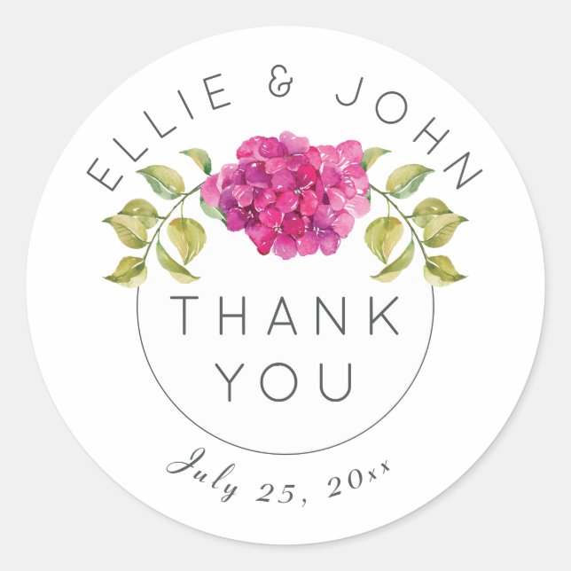 Personalized Wedding Thank You Hot Pink Hydrangea Classic Round Sticker (Front)