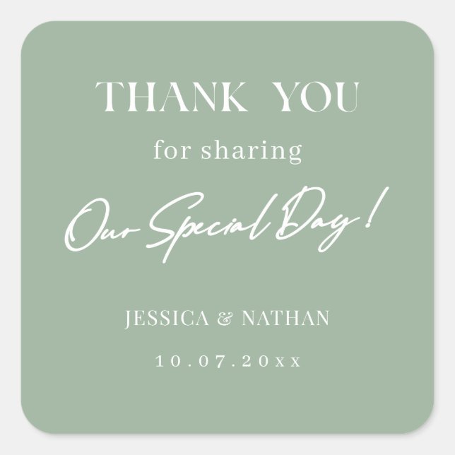 Personalized Wedding Thank You Sage Green  Square Sticker (Front)