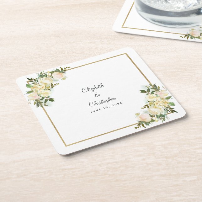 Personalized Wedding Watercolor Elegant Rose White Square Paper Coaster (Angled)