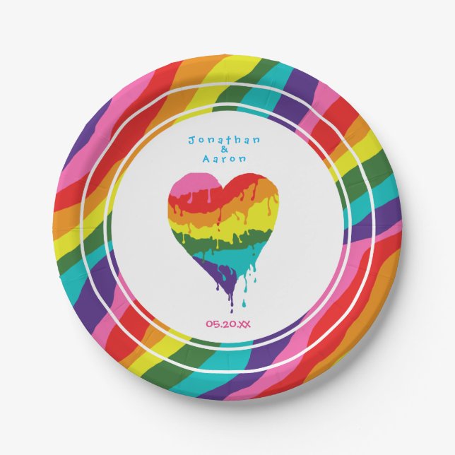 Personalized Weddings LGBT Rainbow Heart Paper Plate (Front)