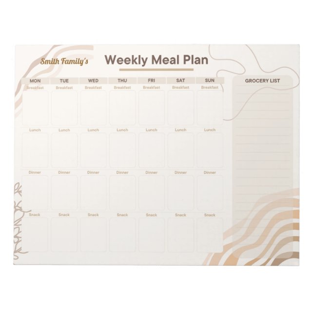 Personalized Weekly Meal Planner in Earthy Beige Notepad (Front)