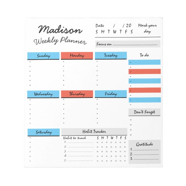 Personalized Weekly Planner Custom Notepad (Front)