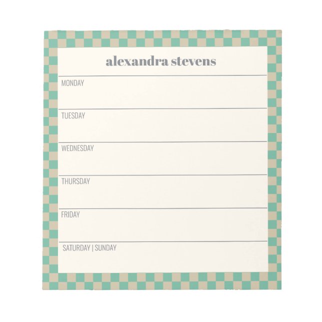 Personalized Weekly Planner Retro Mint Chequered Notepad (Front)