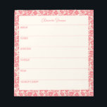 Personalized Weekly Planner Vintage Red Floral Notepad<br><div class="desc">A stylish personalized weekly planner notepad with a vintage red floral border.</div>