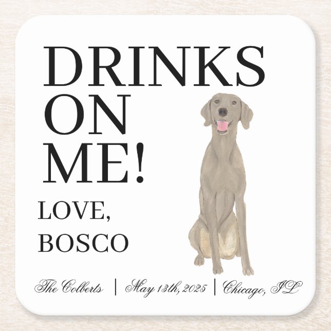 Personalized Weimaraner Wedding Square Paper Coaster (Front)