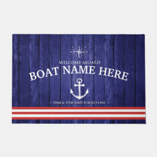 Personalized Welcome aboard Blue Boat door mat 