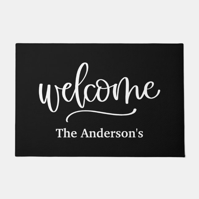 Personalized Welcome Black White Script Doormat (Front)