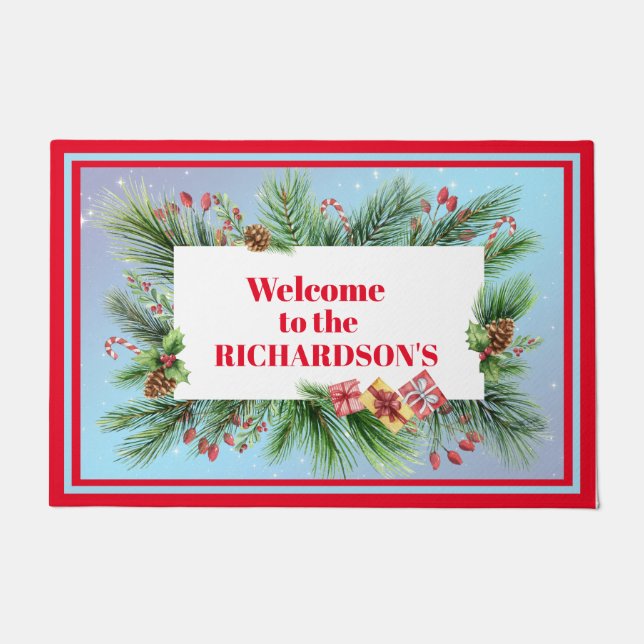 Personalized Welcome Holiday Botanicals   Doormat (Front)