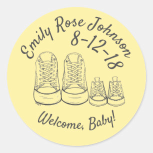 Personalized Welcome New Baby Shoes Birth Shower Classic Round Sticker