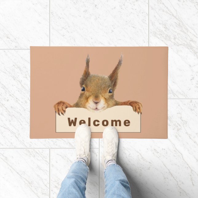 Personalized Welcome Squirrel Holding Sign  Doormat (Indoor)