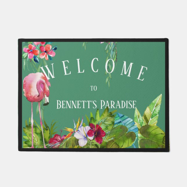 Personalized Welcome To Flamingo Paradise Doormat (Front)