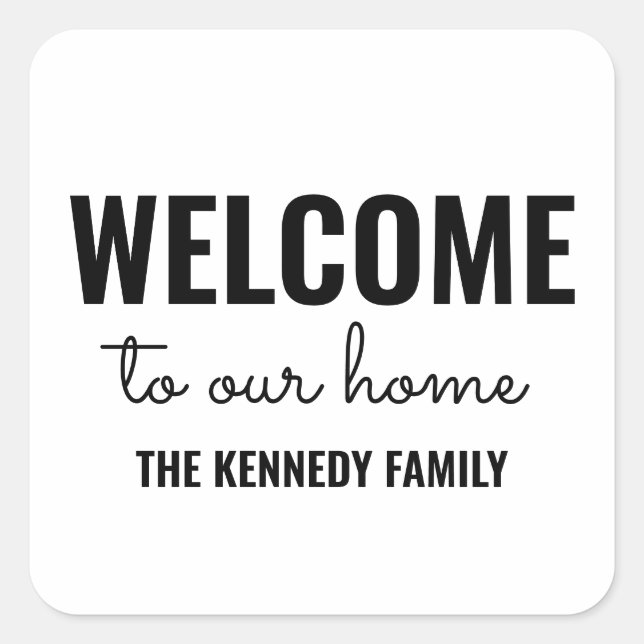Personalized Welcome To Our Home  Black And White Square Sticker (Front)