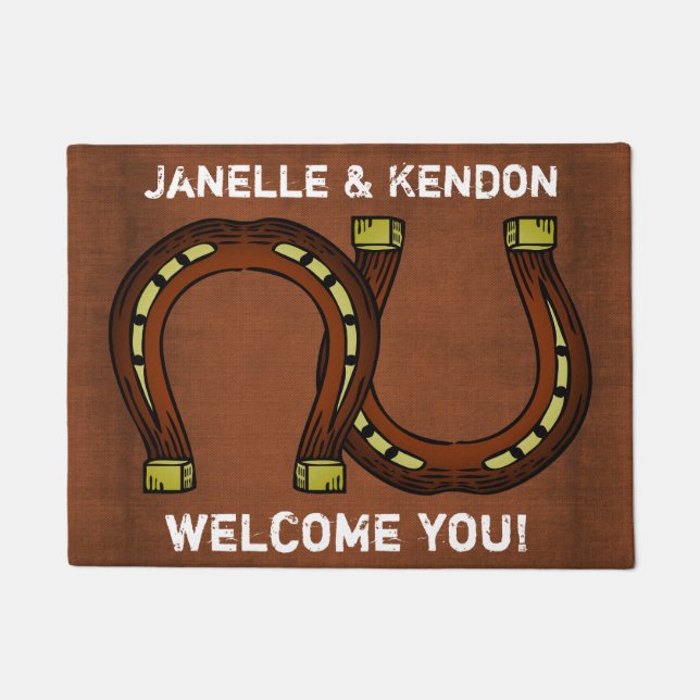 Personalized "Welcome" With Two Horseshoes Doormat (Front)