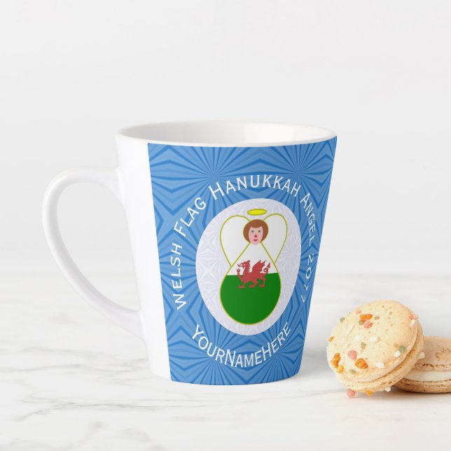 Personalized Welsh Angel Hanukkah Flag  Latte Mug (In Situ)