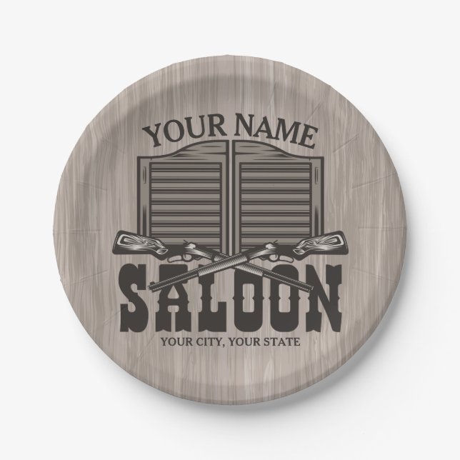 Personalized Western Rifle Guns Old Saloon Bar  Paper Plate (Front)