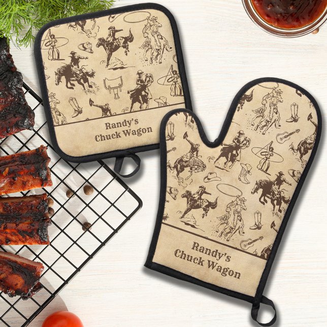 Personalized Western Rodeo Cowboy  Oven Mitt & Pot Holder Set (Creator Uploaded)