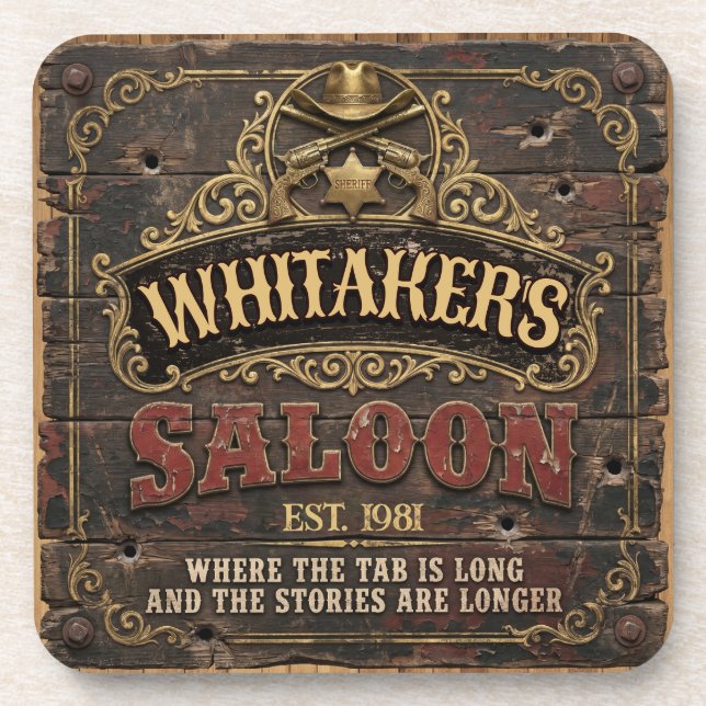 Personalized Western Saloon Rustic Man Cave Home Coaster (Front)
