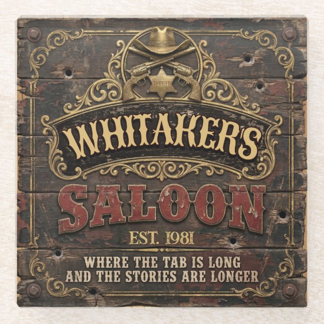 Personalized Western Saloon Rustic Man Cave Home Glass Coaster (Front)