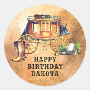 Personalized Western Theme Stagecoach Birthday Cl Classic Round Sticker